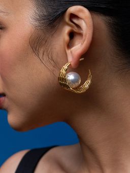 Ethnic Andaz - Golden Textured Baroque Pearl Hoops -White