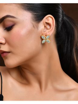 VOJ - 22K Gold Plated Teal Stone Studded Floral Stud Earrings -Grey