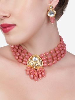 Zaveri Pearls - Pink Multistrand Beaded Kundan Choker Necklace & Earring Set-ZPFK13573