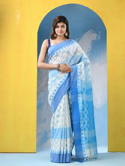 Angoshobha - White Sky Blue Cotton Handloom Saree with Unstitched Blouse