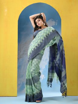Angoshobha - Light Green Blue Cotton Handloom Saree with Unstitched Blouse