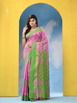 Angoshobha - Pink Green Cotton Handloom Saree with Unstitched Blouse