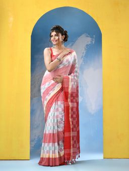 Angoshobha - White Red Cotton Handloom Saree with Unstitched Blouse