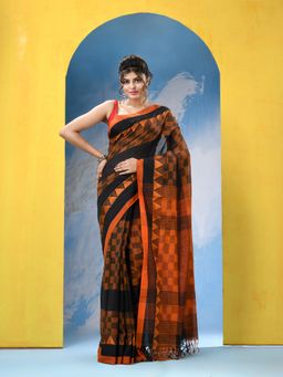 Angoshobha - Black Orange Cotton Handloom Saree with Unstitched Blouse