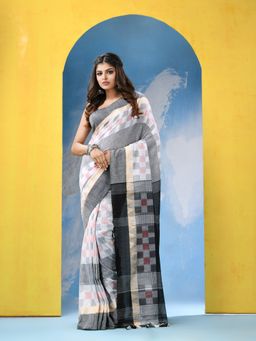 Angoshobha - White Black Cotton Handloom Saree with Unstitched Blouse