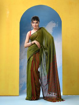 Angoshobha - Crocodile Green Cotton Handloom Saree with Unstitched Blouse