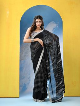 Angoshobha - Black Cotton Handloom Saree with Unstitched Blouse
