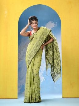 Angoshobha - Olive Green Cotton Handloom Saree with Unstitched Blouse