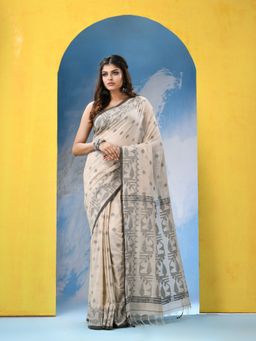Angoshobha - Beige Cotton Handloom Saree with Unstitched Blouse