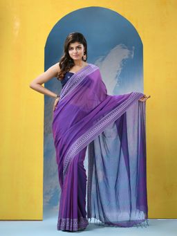 Angoshobha - Purple Cotton Handloom Saree with Unstitched Blouse