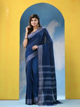 Angoshobha - Navy Blue Cotton Handloom Saree with Unstitched Blouse