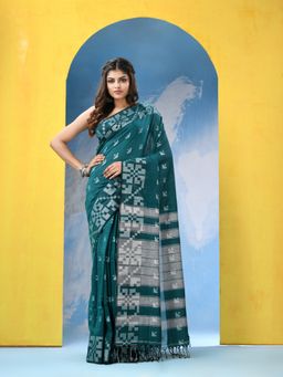 Angoshobha - Pine Green Cotton Handloom Saree with Unstitched Blouse