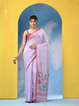 Angoshobha - Periwinkle Lavender Cotton Handloom Jamdani Saree with Unstitched Blouse
