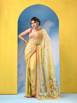 Angoshobha - Crayola Yellow Cotton Handloom Jamdani Saree with Unstitched Blouse