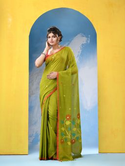 Angoshobha - Olive Green Cotton Handloom Jamdani Saree with Unstitched Blouse