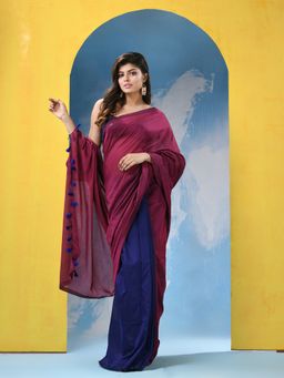 Angoshobha - Dark Pink Blue Cotton Mulmul Handloom Saree with Unstitched Blouse