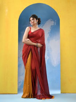Angoshobha - Maroon Mustard Cotton Mulmul Handloom Saree with Unstitched Blouse