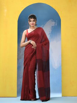 Angoshobha - Red Cotton Check Handloom Saree with Unstitched Blouse