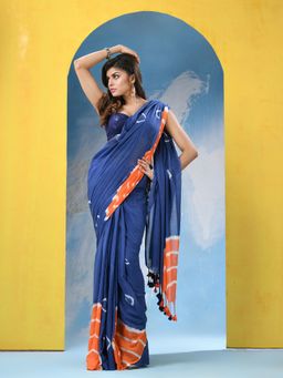 Angoshobha - Navy Blue Cotton Tie Die Handloom Saree with Unstitched Blouse