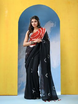 Angoshobha - Black Cotton Tie Die Handloom Saree with Unstitched Blouse
