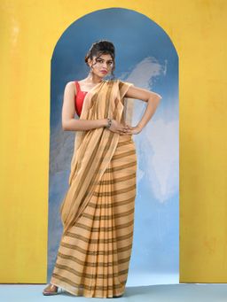 Angoshobha - Beige Cotton Stripes Handloom Saree with Unstitched Blouse