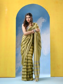 Angoshobha - Sage Green Cotton Stripes Handloom Saree with Unstitched Blouse