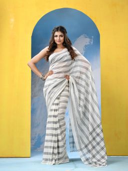 Angoshobha - White Cotton Stripes Handloom Saree with Unstitched Blouse