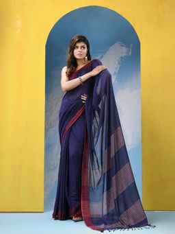 Angoshobha - Blue Cotton Pallu Stripe Handloom Saree with Unstitched Blouse