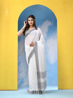 Angoshobha - White Cotton Pallu Stripe Handloom Saree with Unstitched Blouse