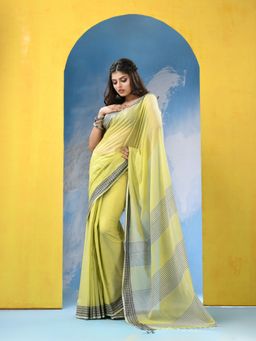Angoshobha - Green Cotton Pallu Stripe Handloom Saree with Unstitched Blouse