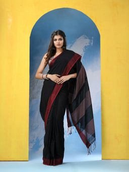 Angoshobha - Black Cotton Pallu Stripe Handloom Saree with Unstitched Blouse