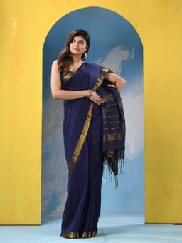 Angoshobha - Blue Cotton Handloom Saree with Unstitched Blouse