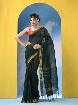 Angoshobha - Bottle Green Cotton Handloom Saree with Unstitched Blouse