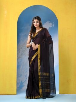 Angoshobha - Taupe Chocolate cotton Handloom Saree with Unstitched Blouse