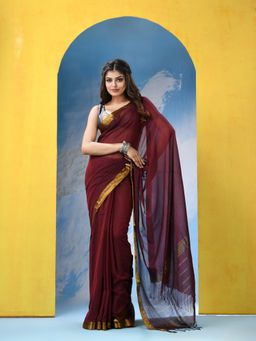 Angoshobha - Maroon Cotton Handloom Saree with Unstitched Blouse