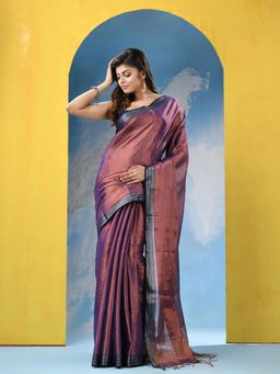 Angoshobha - Purple Zari Cotton Handloom Saree with Unstitched Blouse