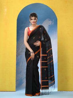 Angoshobha - Black Cotton Handloom Saree with Unstitched Blouse