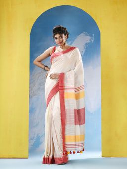 Angoshobha - White Cotton Red Border Handloom Saree with Unstitched Blouse