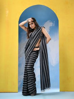 Angoshobha - Grey Black Stripes Cotton Handloom Saree with Unstitched Blouse