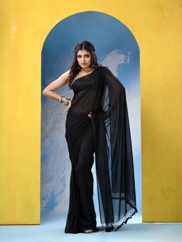 Angoshobha - Black Cotton Handloom Saree with Unstitched Blouse