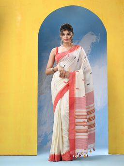 Angoshobha - Off White Cotton Handloom Saree with Unstitched Blouse