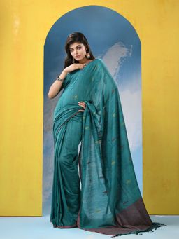 Angoshobha - Teal Cotton Handloom Saree with Unstitched Blouse