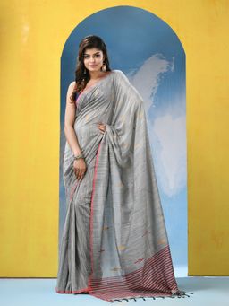 Angoshobha - Silver Cotton Handloom Saree with Unstitched Blouse