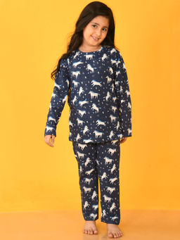 ANTHRILO - Girls Navy Blue Unicorn Long Sleeves T-Shirt Pyjama (Set of 2)
