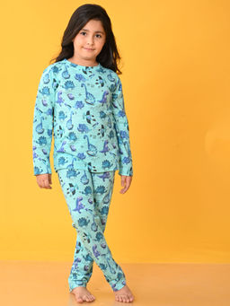 ANTHRILO - Girls Aqua Space Dinosaur Long Sleeves T-Shirt Pyjama (Set of 2)