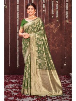Sangam Prints - Dark Green Organza Woven Zari Work Traditional Tassel Saree with Unstitched Blouse