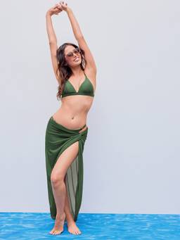Cider - Solid Women's V-Neck Triangle Bikini Set With Sarong Green
