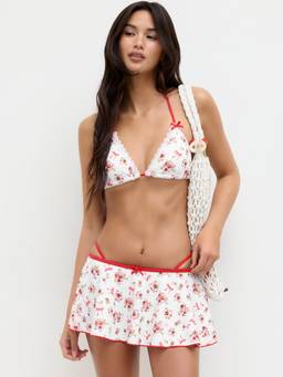 Cider - Floral Bowknot Women's Halter Neck Bikini Set with Skirt White
