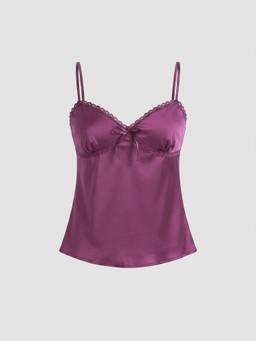 Cider - Sweetheart Lace Trim Women's Knotted Cami Top Berry