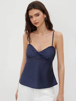 Cider - Polka Dot Women's Lace Trim Sweetheart Cami / Tops Navy Blue
